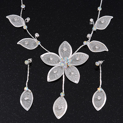 Delicate Bridal Diamante Flower Mesh 'Y'-Necklace & Drop Earrings Set In Silver Plating - 40cm Length/ 4cm Extension - main view