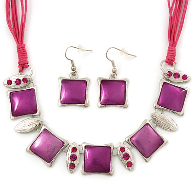 Fuchsia Enamel Square Station Cotton Cords Necklace & Drop Earrings In Rhodium Plating Set - 36cm Length/ 6cm Extension - main view