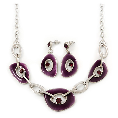 Purple Enamel Oval Geometric Chain Necklace & Drop Earrings Set In Rhodium Plating - 38cm Length/ 6cm Extension