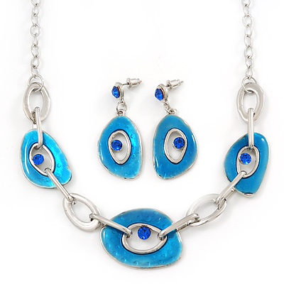 Light Blue Enamel Oval Geometric Chain Necklace & Drop Earrings Set In Rhodium Plating - 38cm Length/ 6cm Extension