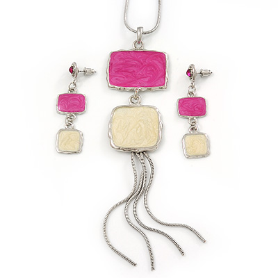 Pink/ Cream Enamel Square Tassel Pendant & Drop Earrings Set In Rhodium Plating - 38cm Length/ 5cm Extension