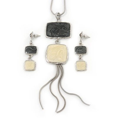 Grey/ Cream Enamel Square Tassel Pendant & Drop Earrings Set In Rhodium Plating - 38cm Length/ 5cm Extension - main view