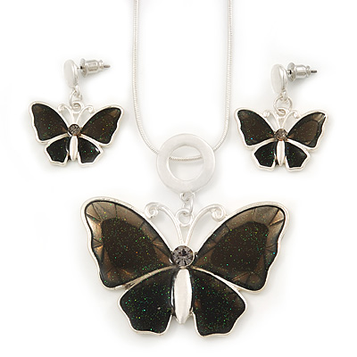 Grey Glass 'Butterfly' Necklace & Drop Earrings Set In Silver Tone - 38cm Length/ 5cm Extension - main view