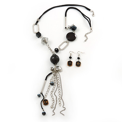 Long Black Resin Nugget Tassel Necklace and Earring Set In Silver Tone - 64cm Length (5cm extension)