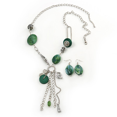 Long Green Resin Nugget Tassel Necklace and Earring Set In Silver Tone - 78cm Length (5cm extension)