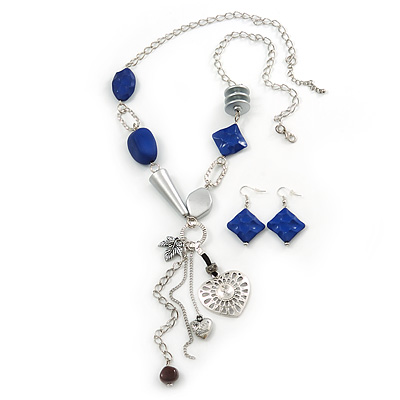 Long Blue Resin Nugget Tassel Necklace and Earring Set In Silver Tone - 78cm Length (5cm extension)