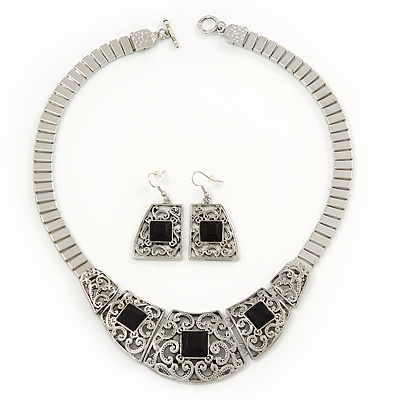 Ethnic Silver Tone Filigree, Black Glass Stone Necklace With T-Bar Closure & Drop Earrings Set - 40cm Length - main view