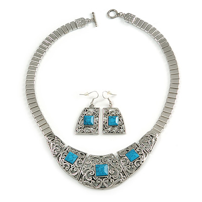 Ethnic Silver Tone Filigree, Turquoise Stone Necklace With T-Bar Closure & Drop Earrings Set - 40cm Length