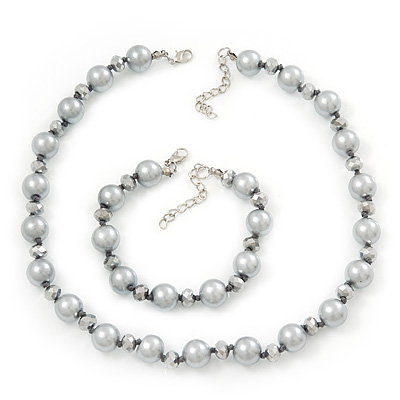 Light Grey/ Metallic Grey Simulated Glass Pearl Necklace & Bracelet Set In Silver Plating - 38cm Length/ 4cm Extension