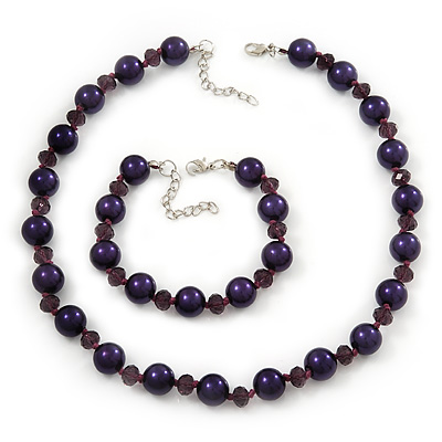 Purple Simulated Glass Pearl Necklace & Bracelet Set In Silver Plating - 38cm Length/ 4cm Extension