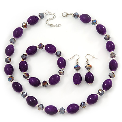 Purple/Violet Glass/Crystal Bead Necklace, Flex Bracelet & Drop Earrings Set In Silver Plating - 44cm Length/ 5cm Extension - main view