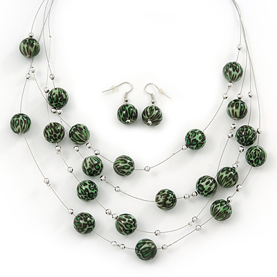 Light Green/Black Animal Print Acrylic Bead Wire Necklace & Drop Earrings Set In Silver Tone - 54cm Length/ 5cm Extension - main view