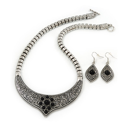 Ethnic Burn Silver Hammered, Black Ceramic Stone Necklace With T-Bar Closure & Teardrop Earrings Set - 42cm Length