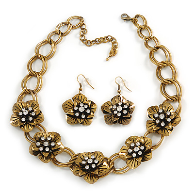Vintage Diamante Flower Choker Necklace & Drop Earring In Antique Gold Metal - 34cm Length/7cm Extension - main view
