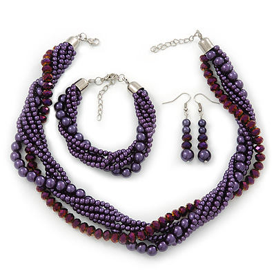 Deep Purple, Metallic Purple Simulated Glass Pearl Bead Multi Strand Neckace, Bracelet & Drop Earrings Set In Silver Tone - 34cm Length/ 4cm Extender