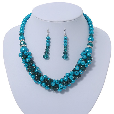 Teal Faux Pearl/ Glass Crystal Cluster Necklace & Drop Earrings Set In Silver Plating - 38cm Length/ 6cm Extender