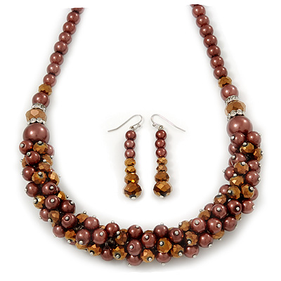 Chocolate Brown Faux Pearl/ Glass Crystal Cluster Necklace & Drop Earrings Set In Silver Plating - 38cm Length/ 6cm Extender