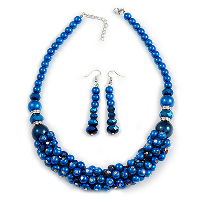 Navy Blue Faux Pearl/ Glass Crystal Cluster Necklace & Drop Earrings Set In Silver Plating - 38cm Length/ 6cm Extender - main view