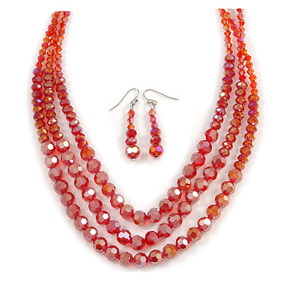 Brick Red Multistrand Faceted Glass Crystal Necklace & Drop Earrings Set In Silver Plating - 44cm Length/ 6cm Extender