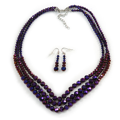Chameleon Purple Multistrand Faceted Glass Crystal Necklace & Drop Earrings Set In Silver Plating - 44cm Length/ 6cm Extender - main view
