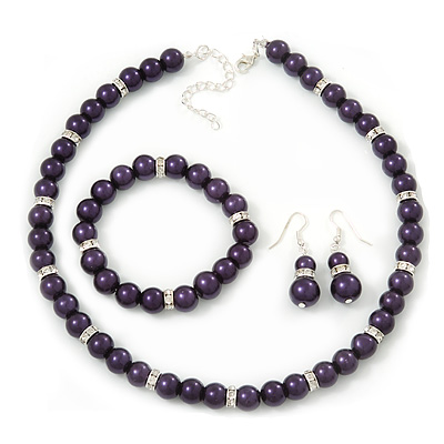 Deep Purple Glass Bead Necklace, Flex Bracelet & Drop Earrings Set With Diamante Rings - 38cm Length/ 6cm Extension - main view