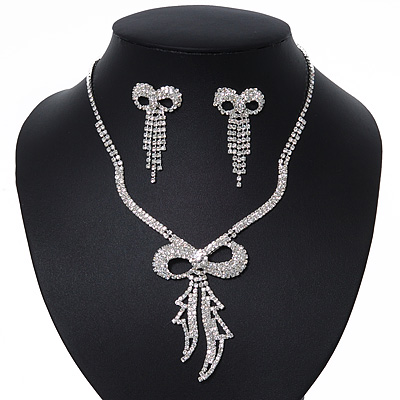 Clear Swarovski Crystal 'Bow' Necklace & Drop Earrings Set In Rhodium Plating - 36cm Length/ 7cm Extension - main view