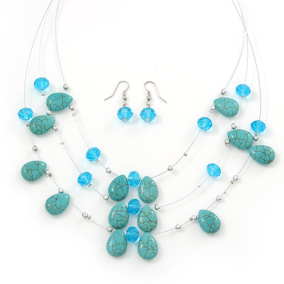 Turquoise & Crystal Floating Bead Necklace & Drop Earring Set - 52cm Length/ 6cm extension - main view
