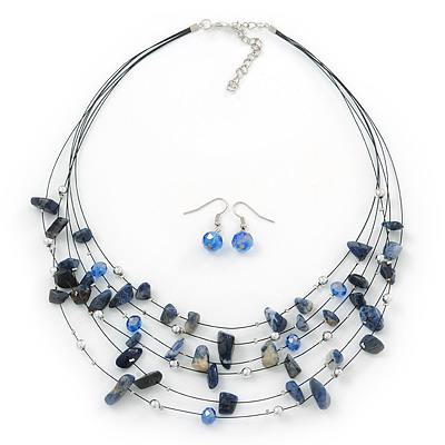 Blue/White Semiprecious Stone & Silver Metal Bead Multistrand Necklace & Drop Earrings Set - 50cm Length/ 5cm Extension