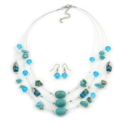 Turquoise & Crystal Floating Bead Necklace & Drop Earring Set - 52cm Length (5cm extension)
