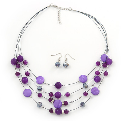 Purple/ Violet Shell & Crystal Floating Bead Necklace & Drop Earring Set - 52cm Length/ 5cm extension - main view