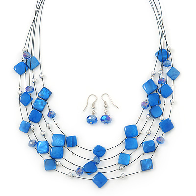 Violet Blue Square Shell & Crystal Floating Bead Necklace & Drop Earring Set - 52cm Length/ 6cm extension - main view
