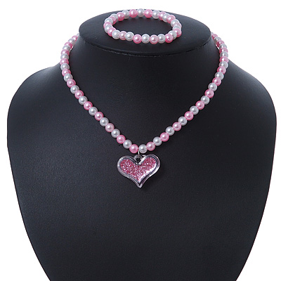 Children's Pink/ White Imitation Pearl Bead Heart Flex Necklace & Flex Bracelet Set