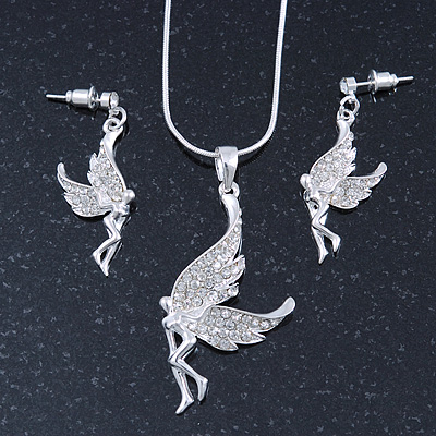 Clear Crystal 'Fairy' Pendant With Silver Tone Snake Chain & Drop Earrings Set - 40cm Length/ 5cm Extension