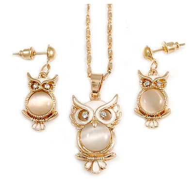 Milky White Moonstone 'Wise Owl' Pendant  With Gold Tone Chain & Drop Earrings Set - 44cm Length/ 5cm Extension