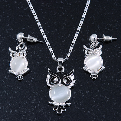 Milky White Moonstone 'Wise Owl' Pendant With Silver Tone Chain & Drop Earrings Set - 44cm Length/ 5cm Extension - main view