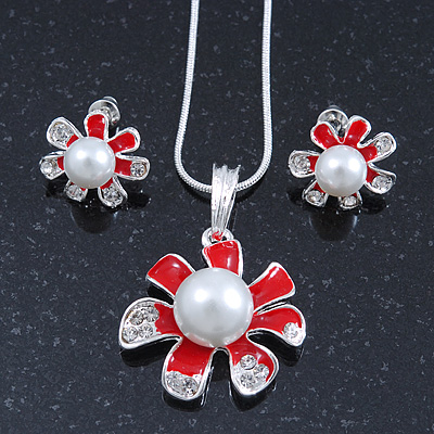 Enamel Red Simulated Pearl, Crystal Flower Pendant With Silver Tone Snake Style Chain & Stud Earrings Set - 40cm Length/ 6cm Extender