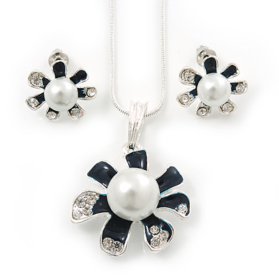 Enamel Dark Blue Simulated Pearl, Crystal Flower Pendant With Silver Tone Snake Style Chain & Stud Earrings Set - 40cm Length/6cm Extender