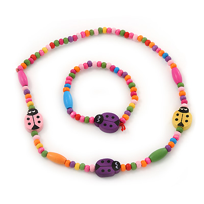 Children's Multicoloured Ladybug Wooden Flex Necklace & Flex Bracelet Set
