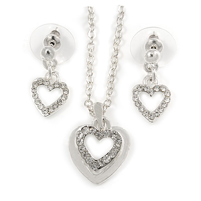 Clear Austrian Crystal Double Heart Pendant With Silver Tone Chain and Stud Earrings Set - 40cm L/ 5cm Ext - Gift Boxed