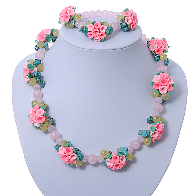 Rose Quartz, Turquoise Bead Fimo Rose Necklace And Flex Bracelet Set In Silver Tone - 40cm Length/ 5cm Extension - main view
