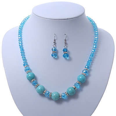 Turquoise, Light Blue Crystal Bead Necklace & Drop Earrings In Silver Tone Metal - 40cm Length/ 4cm Length - main view