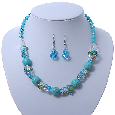 Turquoise, Crystal Bead Necklace & Drop Earrings In Silver Tone Metal - 40cm Length/ 4cm Length