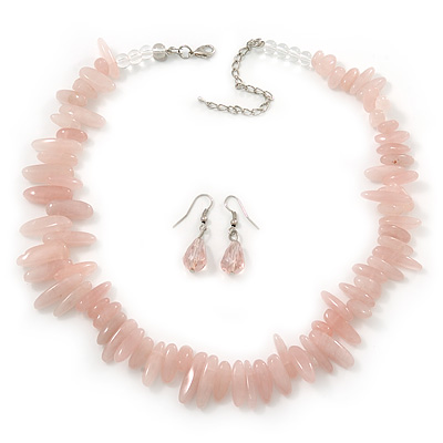 Chunky Rose Quartz Stone Necklace & Glass Bead Drop Earrings In Silver Tone - 40cm Length/ 5cm Extension - main view