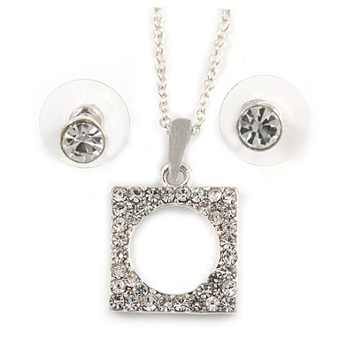 Clear Crystal Open Square Cut Pendant Silver Tone Chain and Stud Earrings Set - 45cm L/ 5cm Ext - Gift Boxed