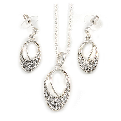 Clear Crystal Open Oval Cut Pendant Silver Tone Chain and Drop Earrings Set - 45cm L/ 5cm Ext - Gift Boxed