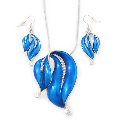 Blue Enamel Diamante 'Leaf' Necklace & Drop Earrings Set In Rhodium Plated Metal - 40cm Length/ 6 extension