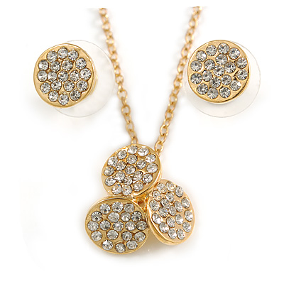 Clear Austrian Crystal Trinity Pendant With Gold Tone Chain and Round Stud Earrings Set - 46cm L/ 5cm Ext - Gift Boxed