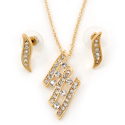 Clear Austrian Crystal Leaf Pendant With Gold Tone Chain and Stud Earrings Set - 40cm L/ 5cm Ext - Gift Boxed