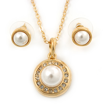 Classic Clear Austrian Crystal Simulated Button Pearl Pendant With Gold Tone Chain and Stud Earrings Set - 46cm L/ 5cm Ext - Gift Boxed