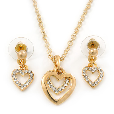 Clear Austrian Crystal Double Heart Pendant With Gold Tone Chain and Stud Earrings Set - 40cm L/ 5cm Ext - Gift Boxed